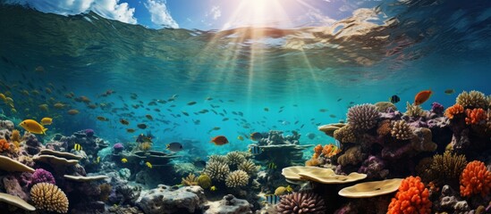 Tropical sea underwater fishes on coral reef. - obrazy, fototapety, plakaty