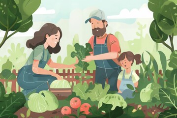 Obraz na płótnie Canvas Family Cultivates Fresh Vegetables in Their Lush Garden During Springtime