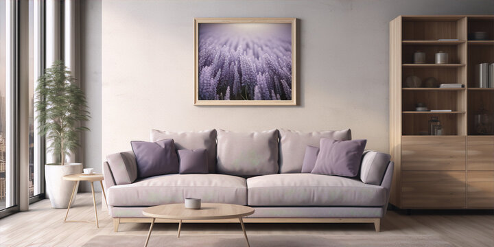lilac flowers field photo in minimal scandinavian living room interior