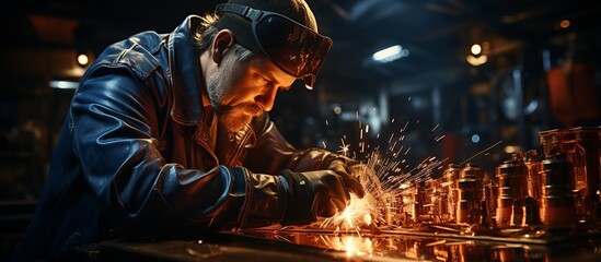 Worker in safety mask welding metal in factory. Metal industry. - obrazy, fototapety, plakaty