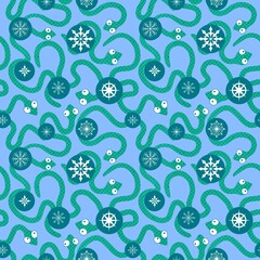 Christmas animals seamless cartoon snake and snowflakes pattern for wrapping paper and new 2025 year packaging