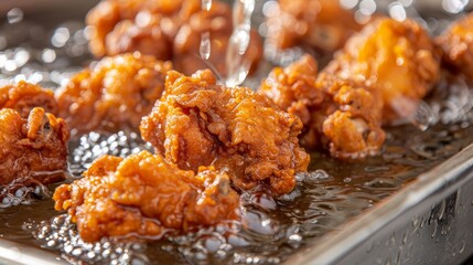 Crispy golden chicken wings deep fried in sizzling oil with glistening and crispy skin