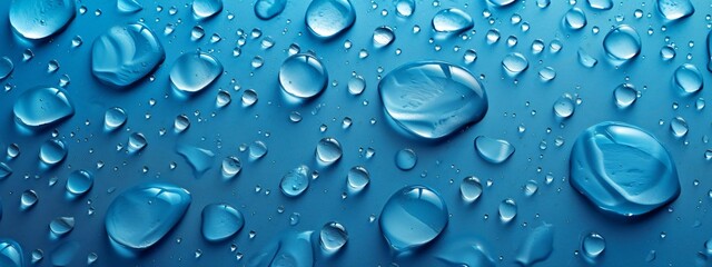 Condensation water drops on a blue texture background. Shower or rain droplets, pure aqua blobs....