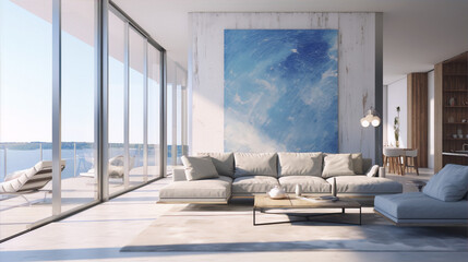Blue ocean painting in bright modern living room with big windows