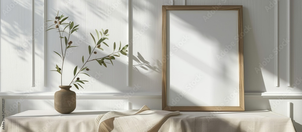 Canvas Prints Wooden frame mockup with portrait in sunlight, accompanied by an olive branch in a contemporary organic vase, set against a beige linen table cloth and a white wainscot wall paneling background.