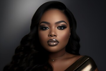 A close-up showcases a plus-size model with beautifully applied makeup, featuring a perfectly contoured complexion, bold eyeliner, and full eyelashes.