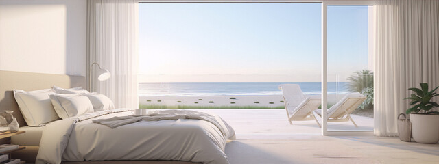 Minimalist bright bedroom with a stunning sea view, featuring a large glass door, two lounge chairs on the terrace and a cozy bed with white linens