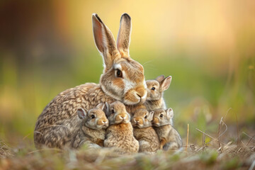 Fototapeta premium A rabbit is taking care of her cub, animal and love, familiy concept