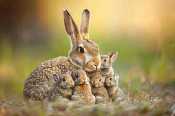A rabbit is taking care of her cub, animal and love, familiy concept