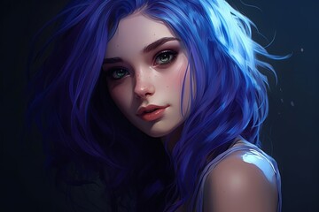 Digital Painting of a Woman With Blue Hair