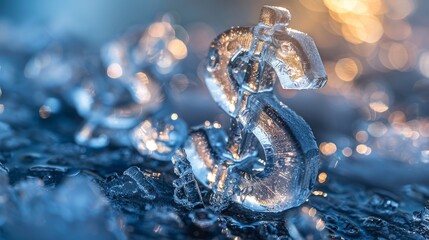 A close-up of a melting ice sculpture of a dollar sign - obrazy, fototapety, plakaty