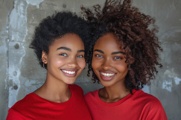 Afro women wearing red t-shirt smile isolated on gray background