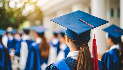 girl in blue and silver graduation cap, blonde and brunette high school gowns, symbolizing academic achievement and diversity - obrazy, fototapety, plakaty