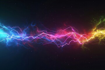 Thunder, Vibrant Cosmic Energy, Abstract Space Background with rainbow Electric Lightning Bolts. Dynamic Colorful Astrophysical Phenomenon. - obrazy, fototapety, plakaty