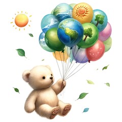 Naklejka premium A teddy bear clutching balloons shaped like Earth, floating towards the sun among leaves