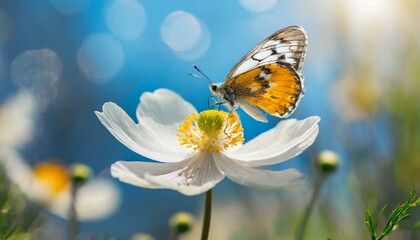 Detail with shallow focus of white anemone flower with yellow stamens and butterfly in nature macro on background of blue sky
