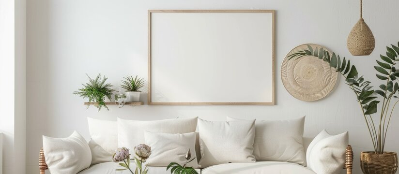 The living room has a chic white interior with a poster frame, rattan accessories, plants, wooden shelf, flower vase, and elegant decorations, adhering to a minimalistic home decor concept.