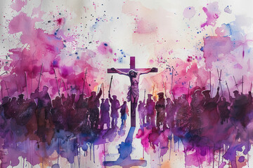Jesus Christ on cross surrounded by crowd people, purple watercolor