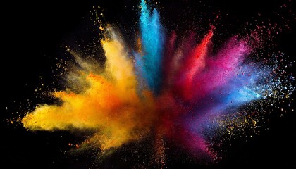 Launched colorful powder, isolated on black background  - obrazy, fototapety, plakaty