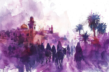 Pink watercolor of Jesus riding a donkey to Jerusalem, palm sunday - obrazy, fototapety, plakaty
