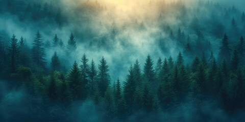 Aerial view of a misty fir forest with glowing sunlight in a vintage style, capturing a foggy, retro nature landscape at sunrise. A scenic, dreamy dawn background - obrazy, fototapety, plakaty