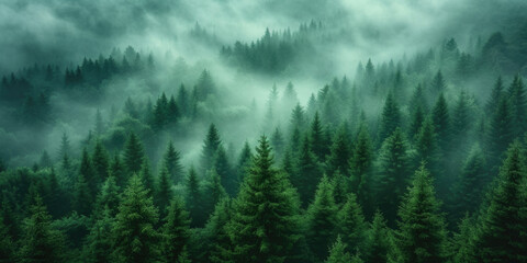 Aerial view of misty fir forest in vintage style. Foggy, Retro Nature Landscape Background  - obrazy, fototapety, plakaty