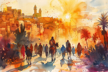 Yellow watercolor of Jesus riding a donkey to Jerusalem, palm sunday