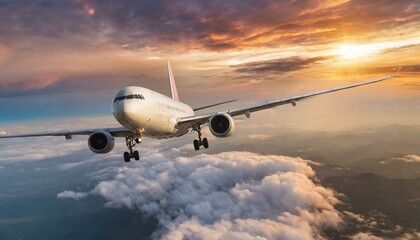 Fototapeta na wymiar Commercial airplane jetliner flying above dramatic clouds in beautiful sunset light. Travel concept. 
