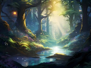 Fantasy landscape with a river in the forest - illustration for children