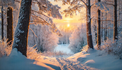 Frosted tree crowns bathed in pink light, a serene and captivating scene