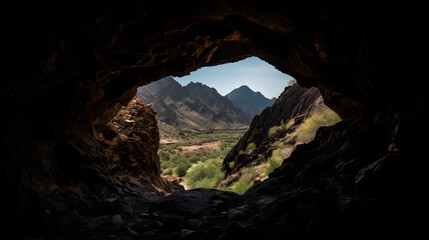 a view through a cave into the mountain