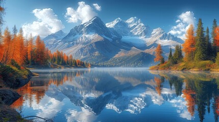 Beautiful natural landscape with high mountains, blue sky and river