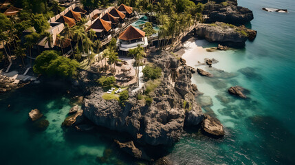 aerial view near the coast in thailand with many rocks and islands