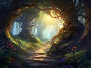 3D illustration of a fantasy dark forest with a path leading to the light