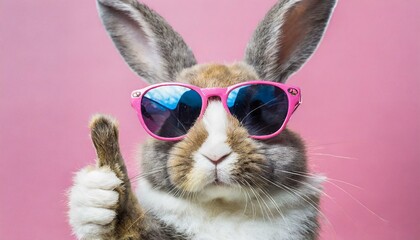 Funny easter animal pet - Easter bunny rabbit with sunglasses, giving thumb up, isolated on pink background