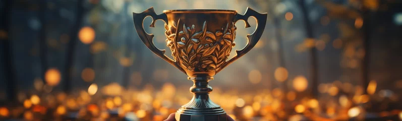 Fotobehang Golden trophy cup in male hand, © KRIS