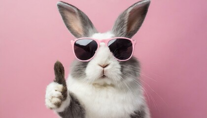 Fototapeta premium Funny easter animal pet - Easter bunny rabbit with sunglasses, giving thumb up, isolated on pink background