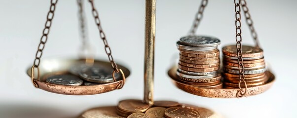 A scale unbalanced with coins - obrazy, fototapety, plakaty