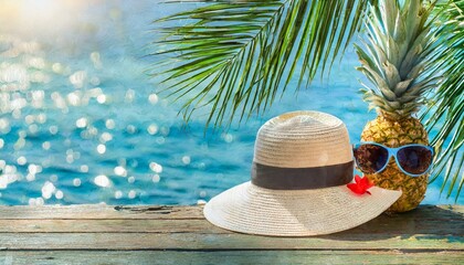 Vacation summer holiday travel tropical ocean sea banner panorama greeting card - straw hat, sunglasses pineapple and palm tree leaves