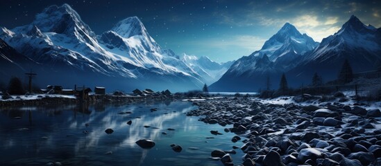 Picturesque night starry view mountains - obrazy, fototapety, plakaty