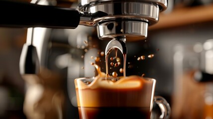 Closeup of an espresso coffee shot being brewed pulled from an espresso machine, crema,