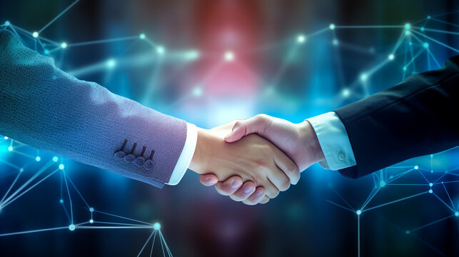 business man handshake with effect global world map network link connection and graph chart of stock market graphic diagram, digital technology, internet communication, teamwork, partnership concept