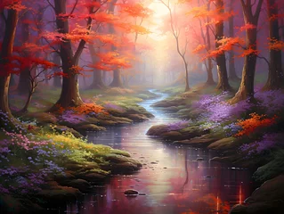 Abwaschbare Fototapete Beautiful autumn landscape with river and colorful forest. Digital painting. © Iman