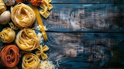 Assorted italian pasta raw uncooked and ingredients on wooden rustic background - obrazy, fototapety, plakaty