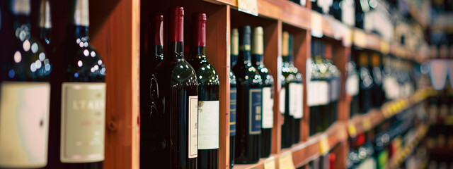 Wine bottles on wooden shelf in wine store