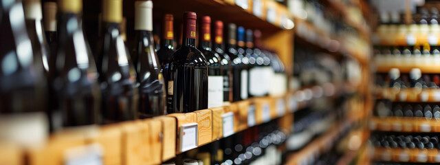 Wine bottles on wooden shelf in wine store, diminishing perspective.