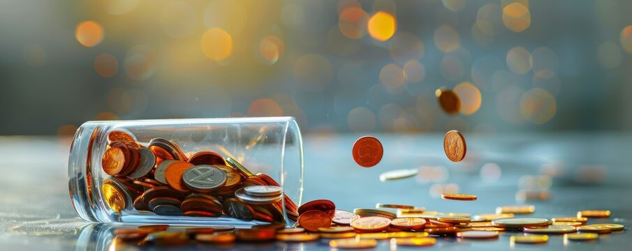 A tipped-over glass with spilled coins