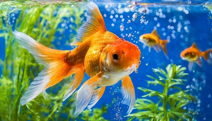 Animals gold fishes pets aquarium freshwater fish background - sweet cute goldfish (cyprinidae) swimming in blue water