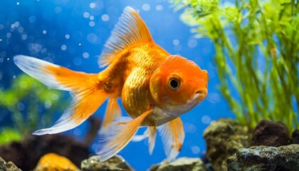 Animals gold fishes pets aquarium freshwater fish background - sweet cute goldfish (cyprinidae) swimming in blue water 