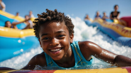 Niño afroamericano riendo y divirtiéndose en un tobogán de un parque acuático - obrazy, fototapety, plakaty